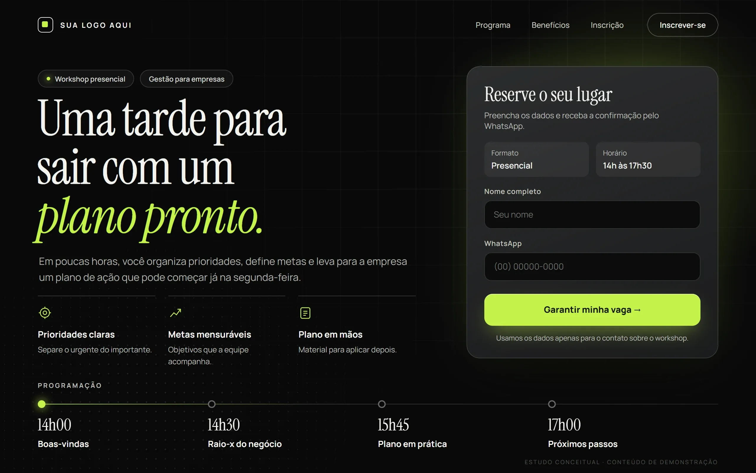 Estudo conceitual de landing page de um workshop: fundo preto com brilho verde-lima, manchete, três benefícios, cartão de inscrição com campos de nome e WhatsApp e linha do tempo da programação.